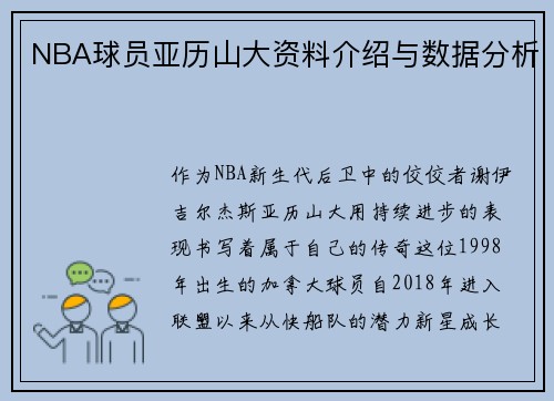 NBA球员亚历山大资料介绍与数据分析
