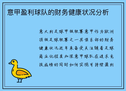 意甲盈利球队的财务健康状况分析