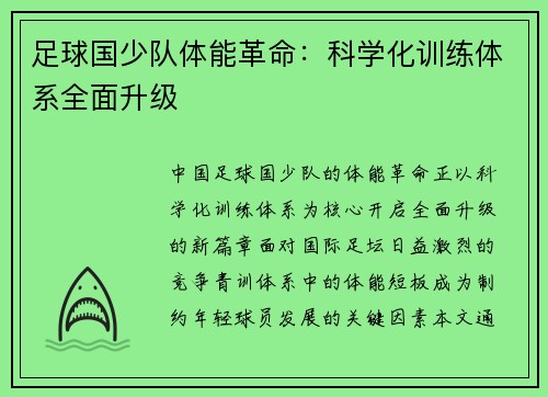 足球国少队体能革命：科学化训练体系全面升级
